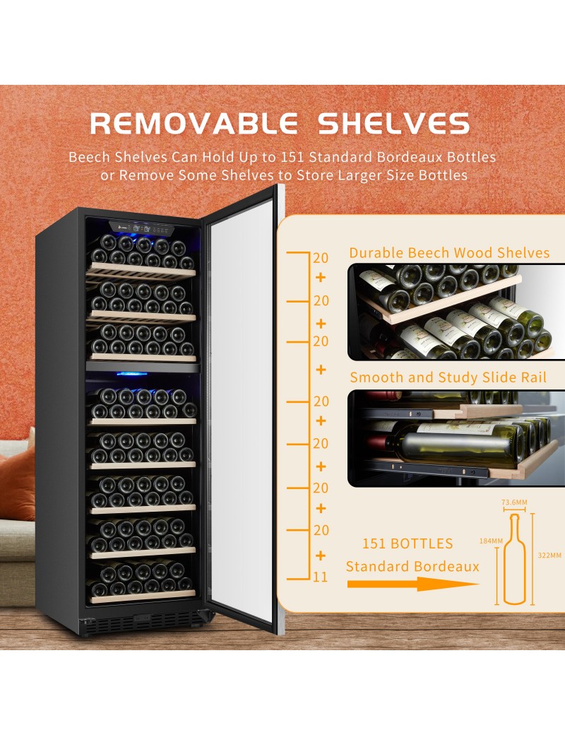 LW168DEU – freistehender Zweizonen-Weinkühlschrank für 151 Flaschen, 450 Liter
